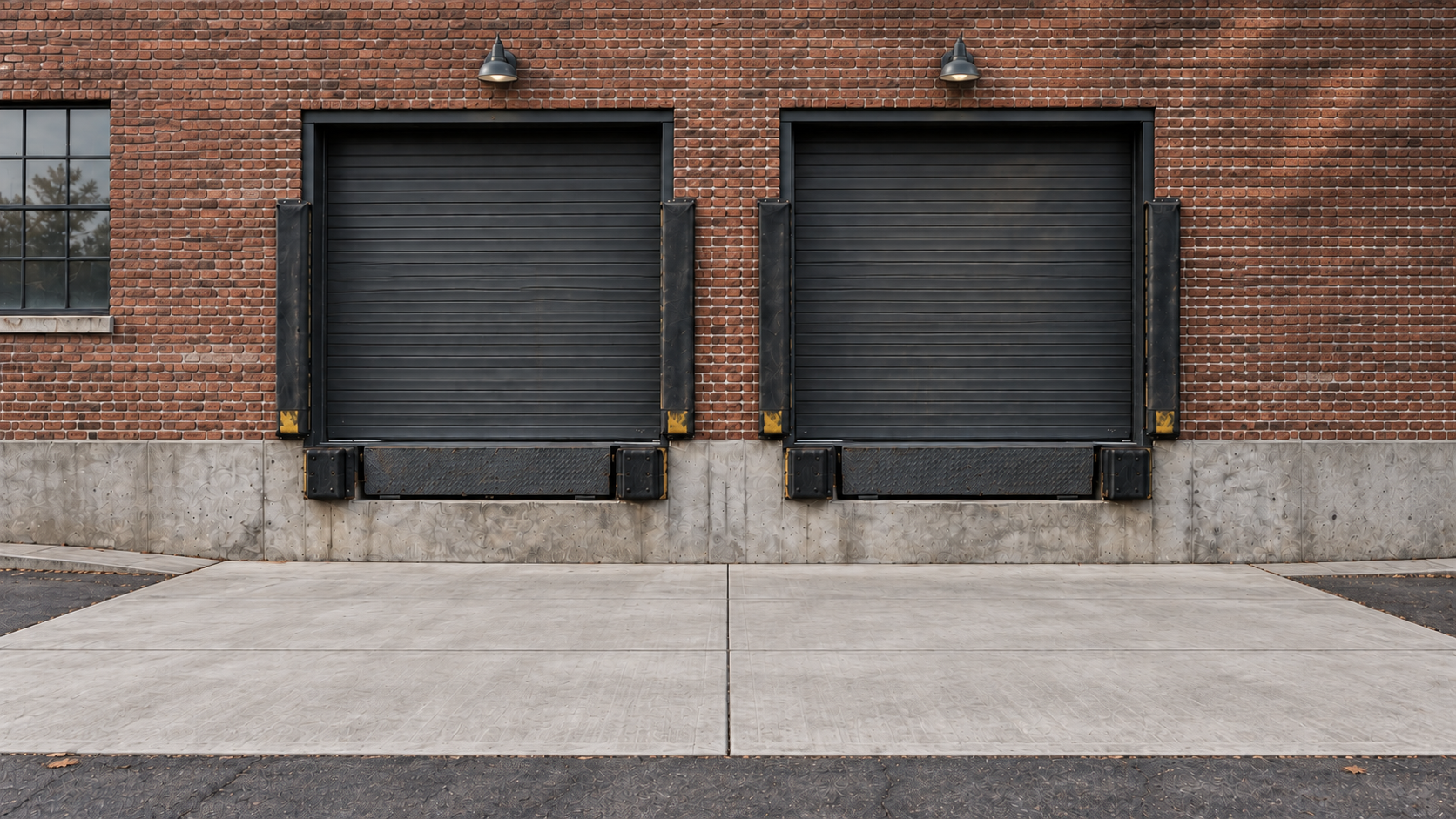 Front-facing view of the two charcoal loading doors and finished concrete apron