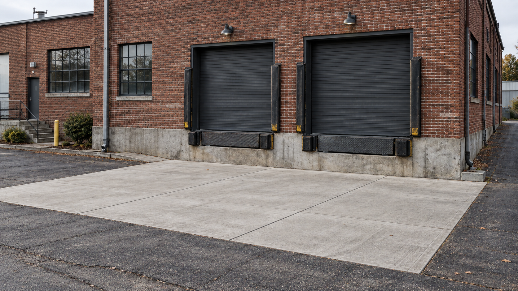Replacement concrete apron outside two loading positions at an older brick warehouse