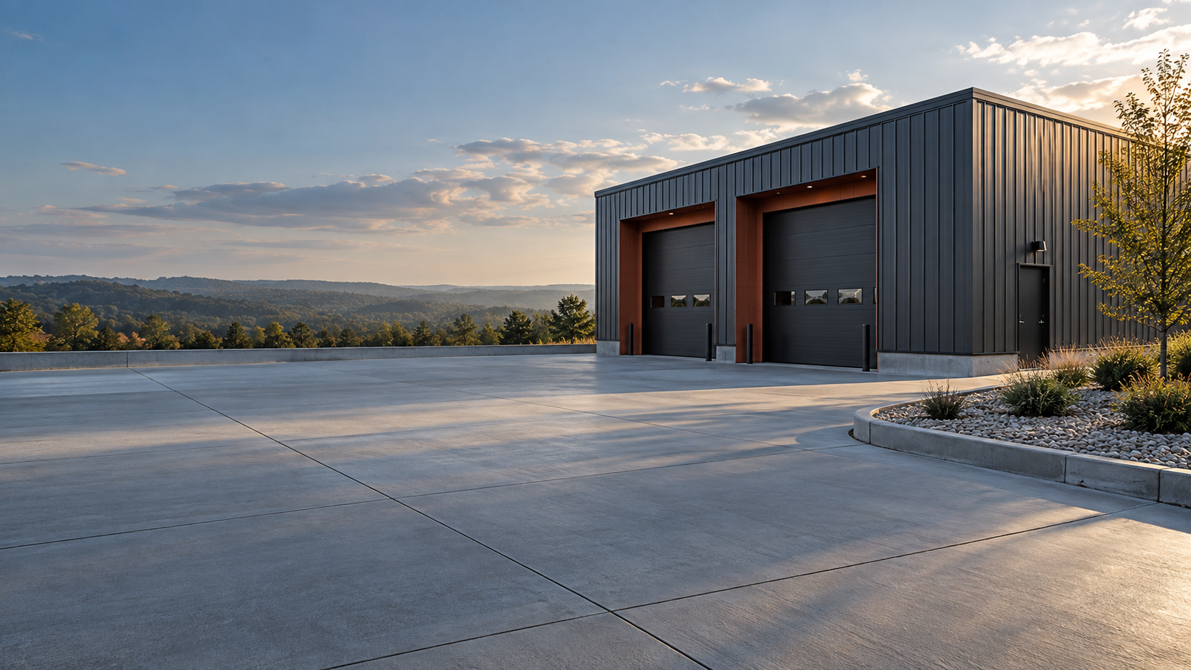 Warm light across completed concrete sitework outside a small graphite-clad commercial workshop