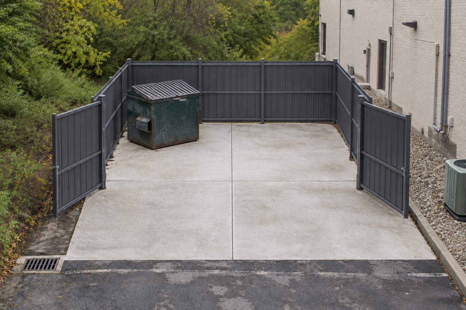 Concrete dumpster pad inside an open charcoal enclosure beside a light brick commercial building