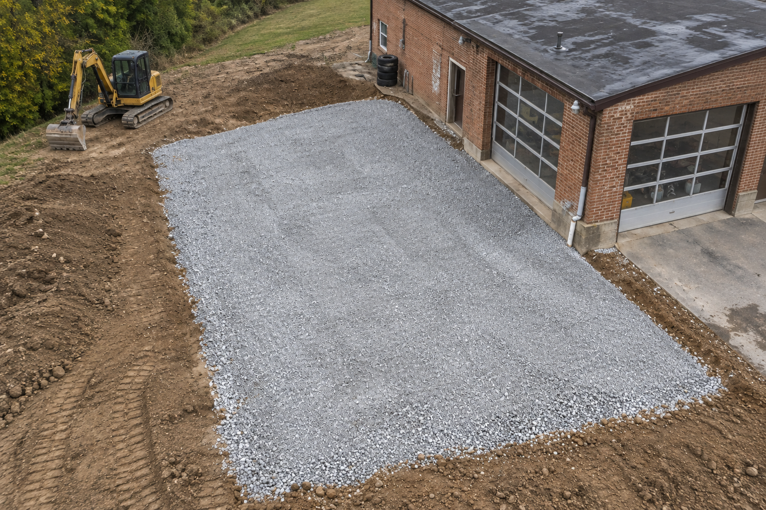 Aggregate placement beside an existing brick service center before final compaction